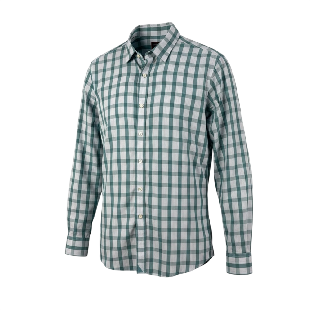 Untuckit green plaid cotton button-up shirt with spread collar, long sleeves, cu